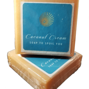 Two Bold Citrus Soap Bars sit against a bright white background. They are a creamy orange color and sport a turquois blue label with Coconut Cream Soap's logo of a smiling yellow sun and the words Coconut Cream Soap to Spoil You